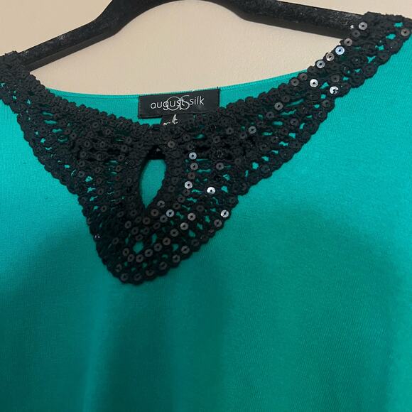 August Silk Women's Green Knit Sweater, Black Sequin Collar & 3/4 Sleeves, Large - Picture 7 of 12